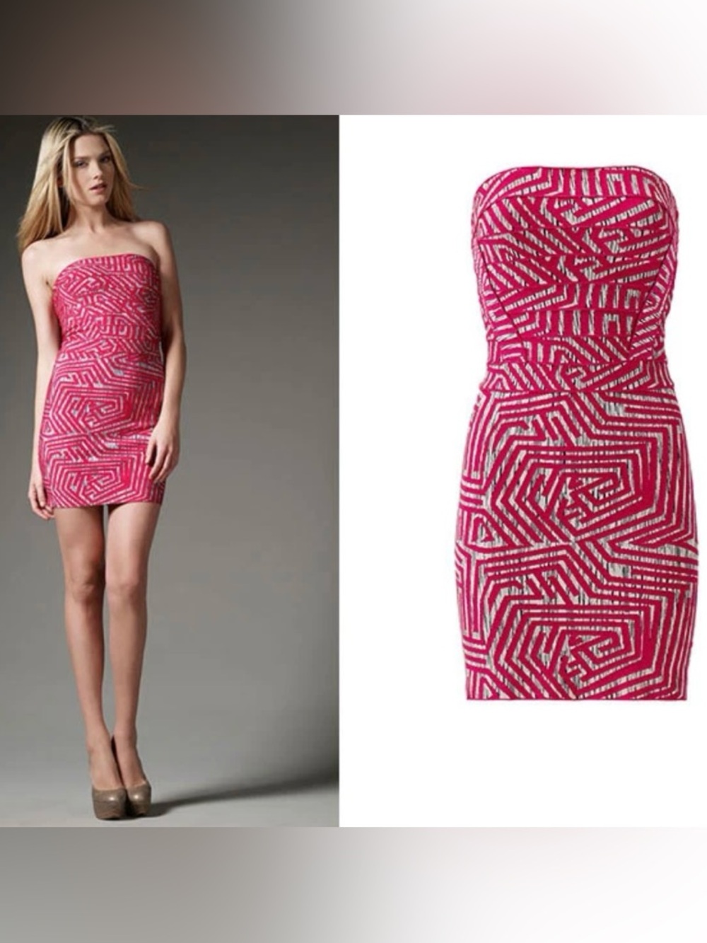 Authentic Herve Leger Pink Grey 
Mod Maze Strapless Bandage
Dress
